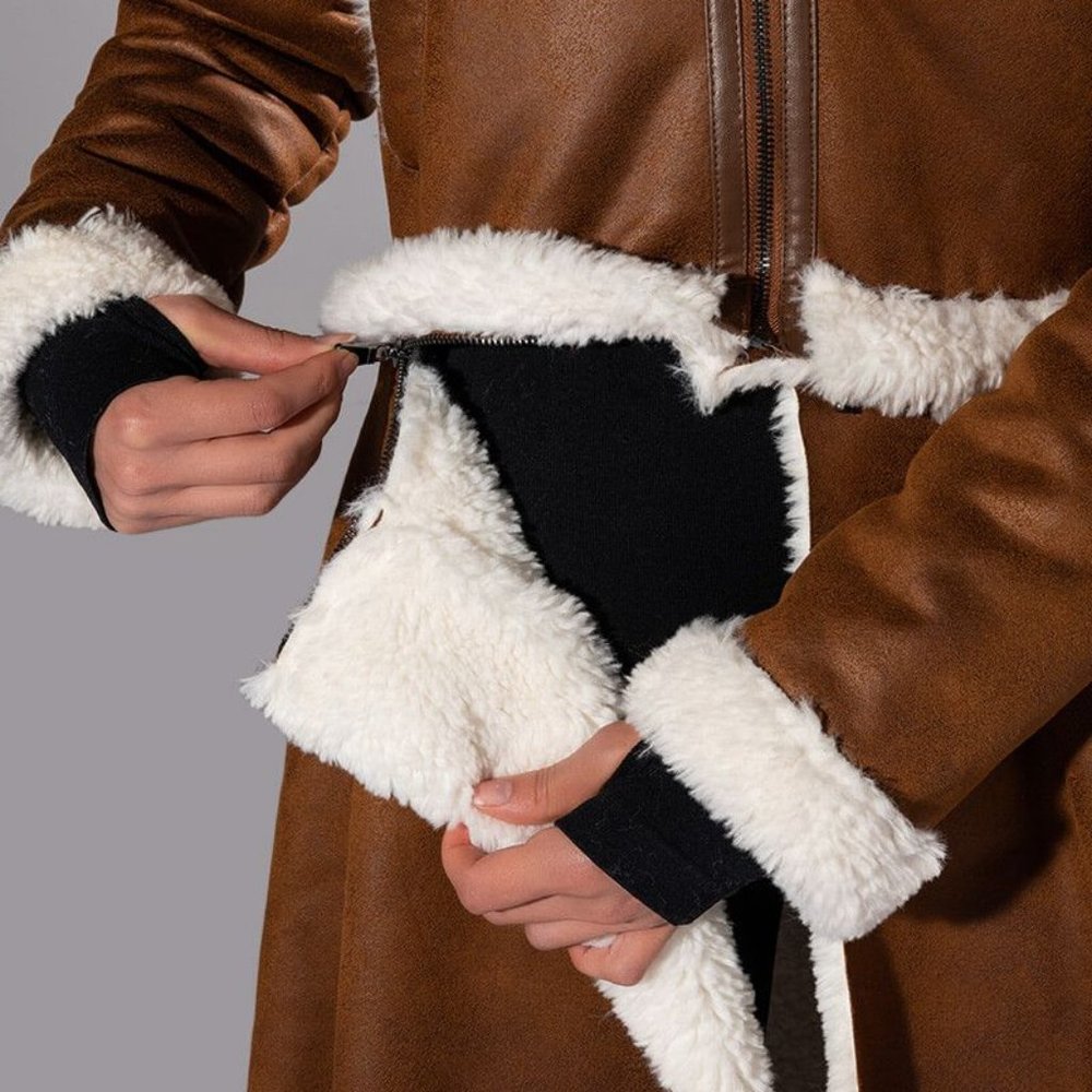 Miz Milk Chocolate Aviatrix Sherpa Lined Vegan Leather Convertible Trench Coat L - Picture 3 of 15
